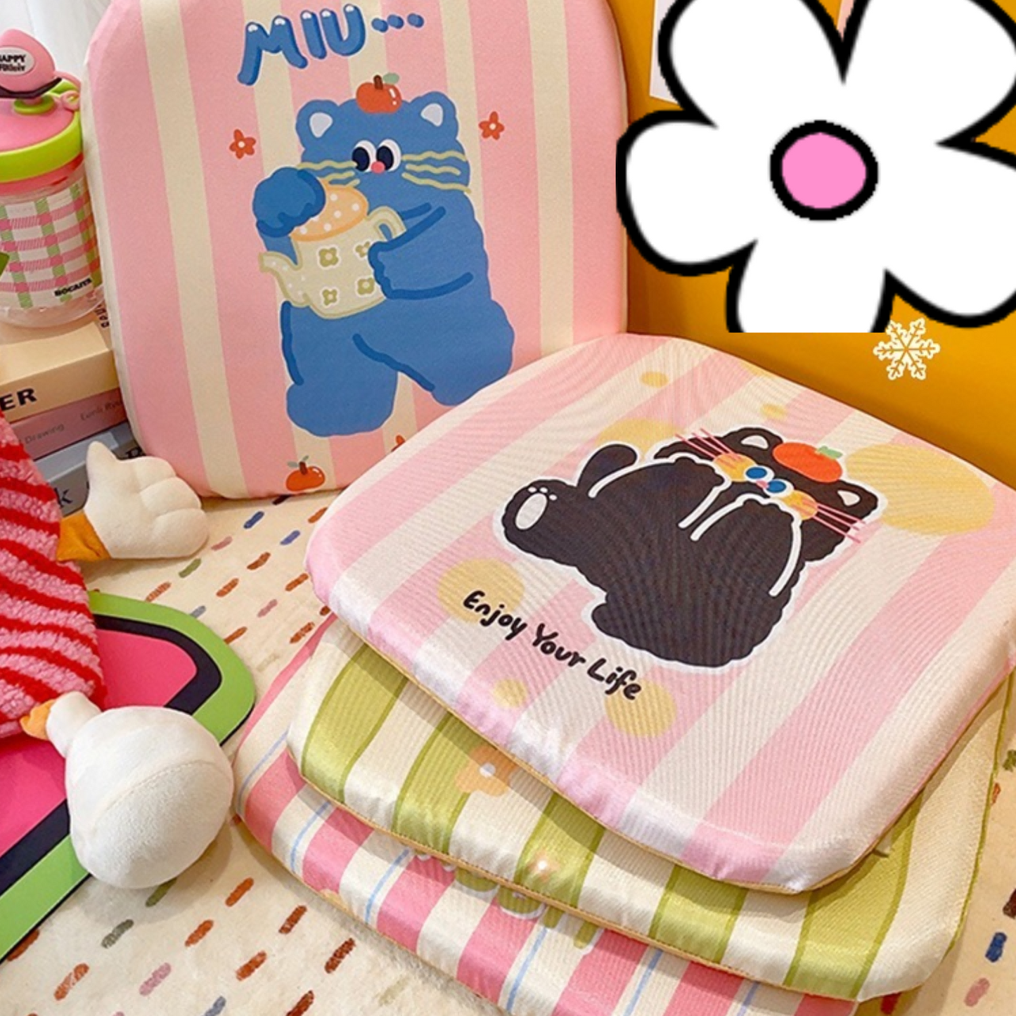 Cute Cat【Memory Foam】 Cushion Colorful Car cool sensation, perfect for summer seat cushions,35*35cm/13.8*13.8inch，yellow cat/blue car/black cat，for all season